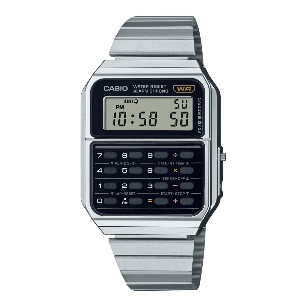 O relógio de pulso CA-500WE da CASIO Vintage com função de calculadora e mostrador digital com botões numéricos pretos por baixo e bracelete prateada 