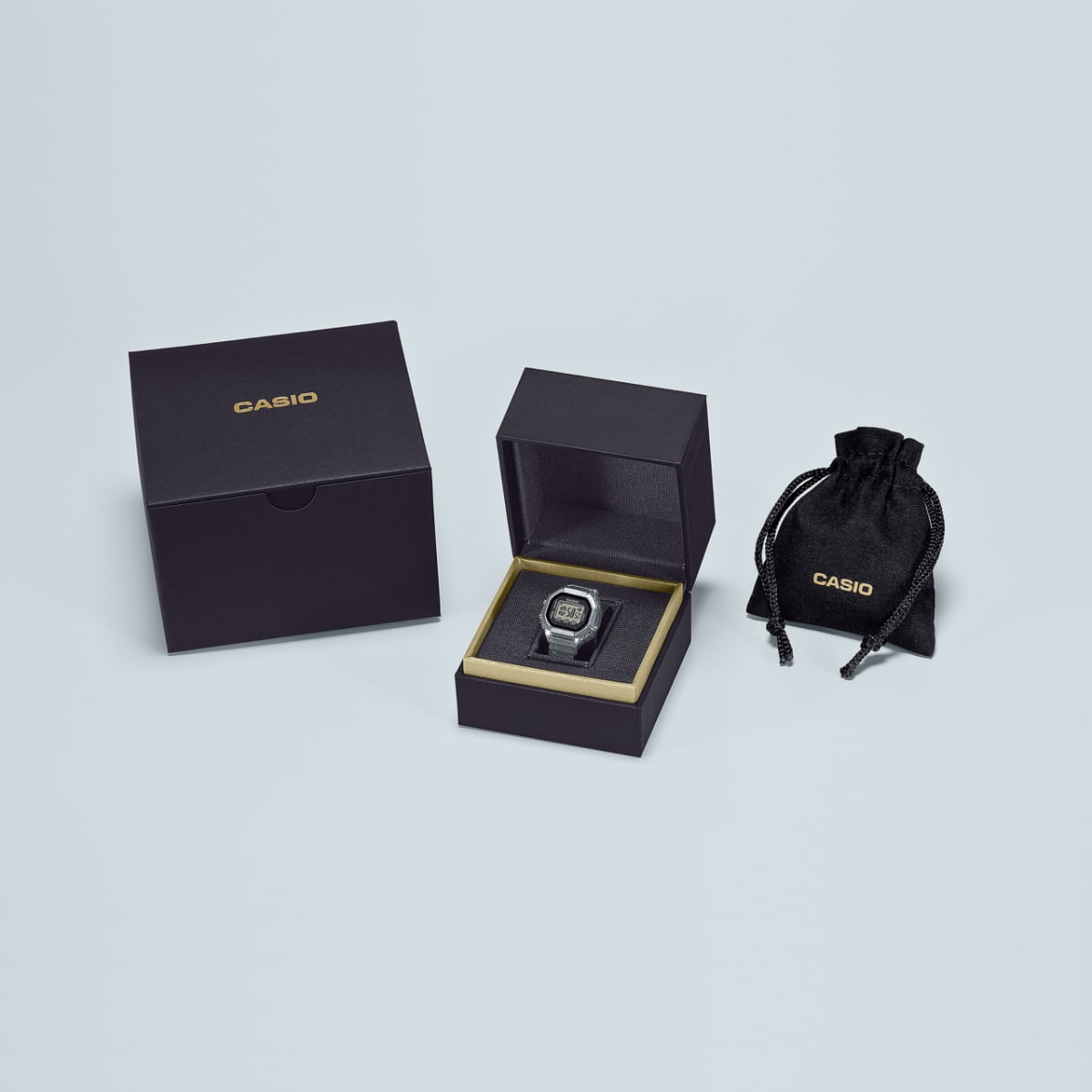 Embalagem preta do CASIO Ringwatch com bolsa de tecido especial