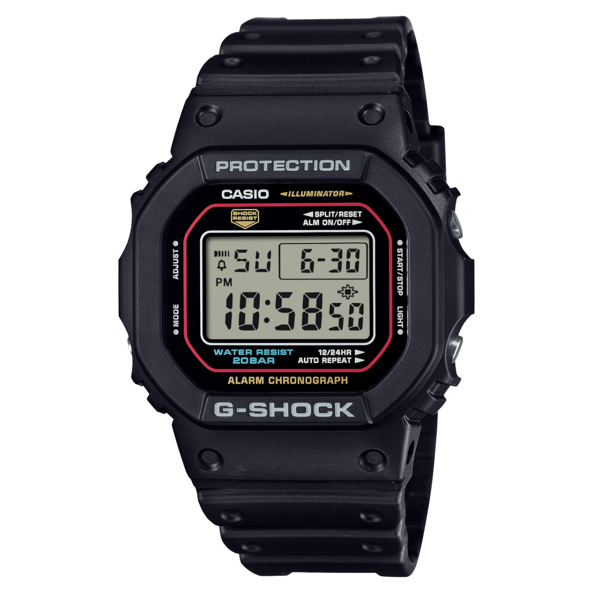 Fotografia do produto do relógio G-SHOCK DW-5600RL-1A com mostrador digital e bracelete preta