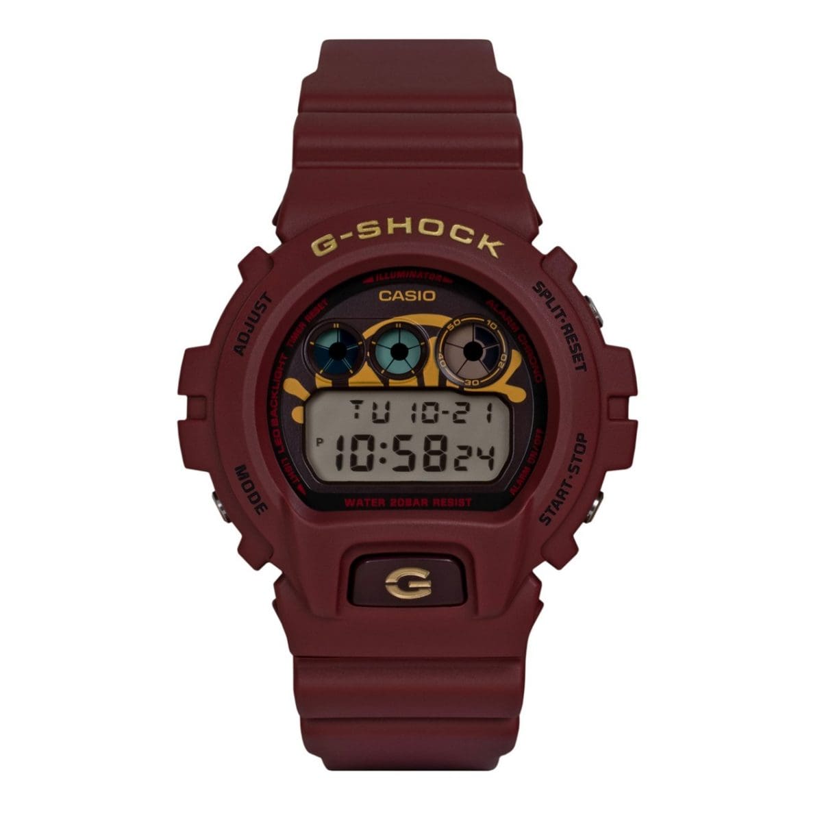 Vista frontal do DW-6900CC25-4ER vermelho escuro com logotipo dourado do G-SHOCK no painel
