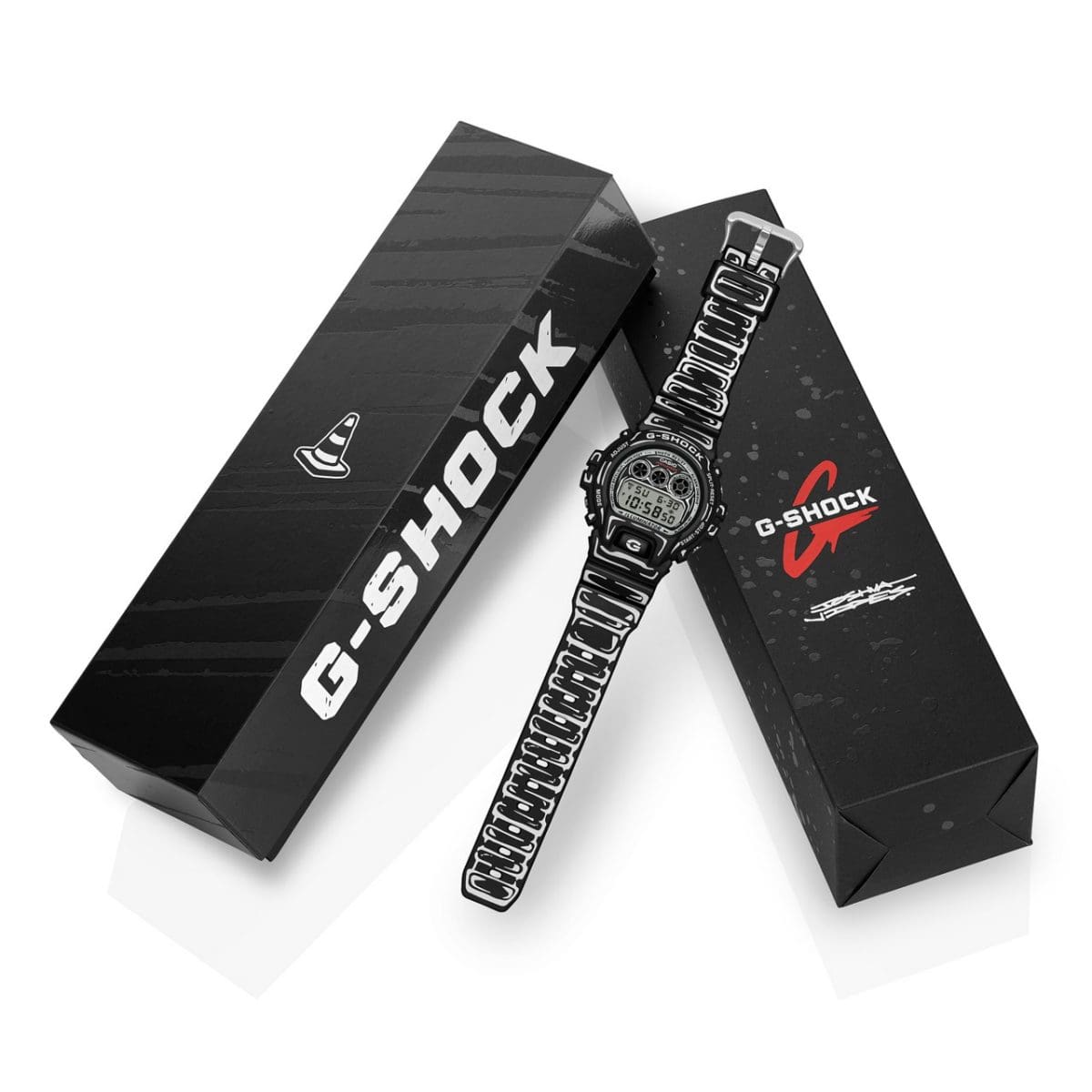 O modelo fruto da colaboração entre a G-SHOCK e Joshua Vide, o DW-6900JV-1ER, vem com embalagem especial.