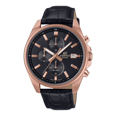 Vista frontal do EFV-610ECL-1AUEF com moldura em ouro rosa, mostrador preto e pulseira em couro preto