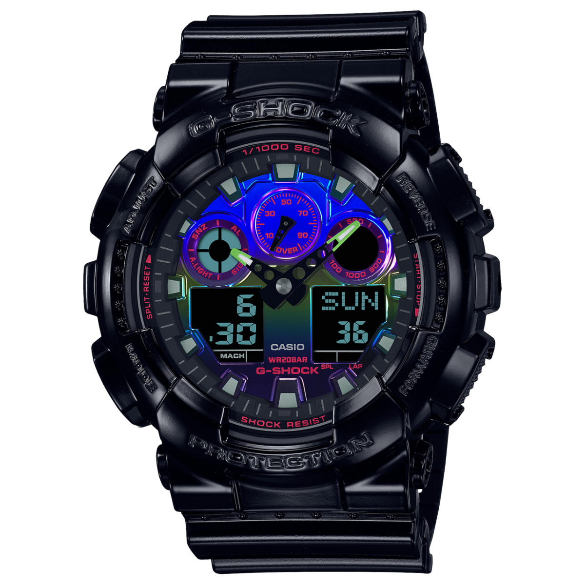 O relógio de pulso G-SHOCK GA-100RGB-1A preto com luneta analógica com gradiente de cor e pequeno mostrador digital da data 