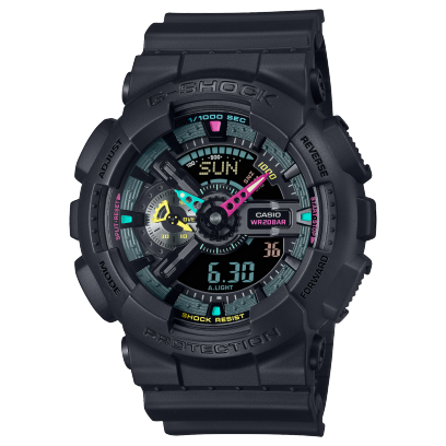O Casio G-Shock GA-110MF-1A preto com detalhes fluorescentes