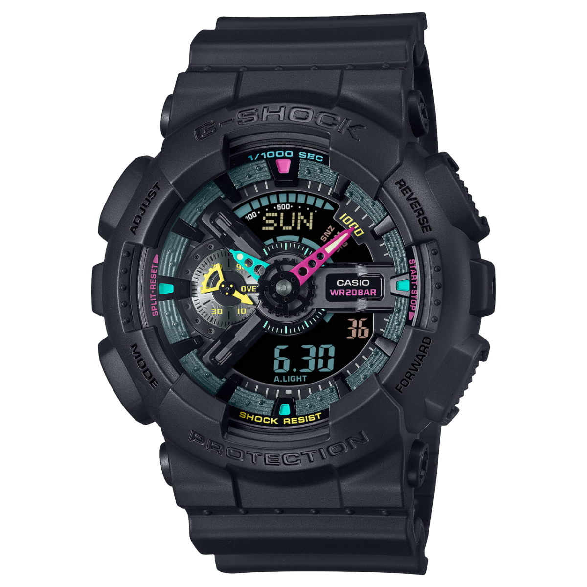 O Casio G-Shock GA-110MF-1A preto com detalhes fluorescentes