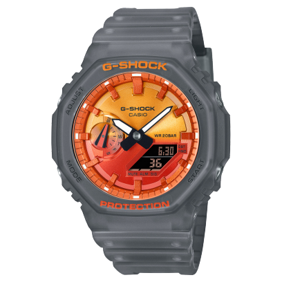 G-SHOCK GA-2100FLS-8A4 Relógio analógico com bracelete translúcida cinzenta e luneta vermelho-alaranjada