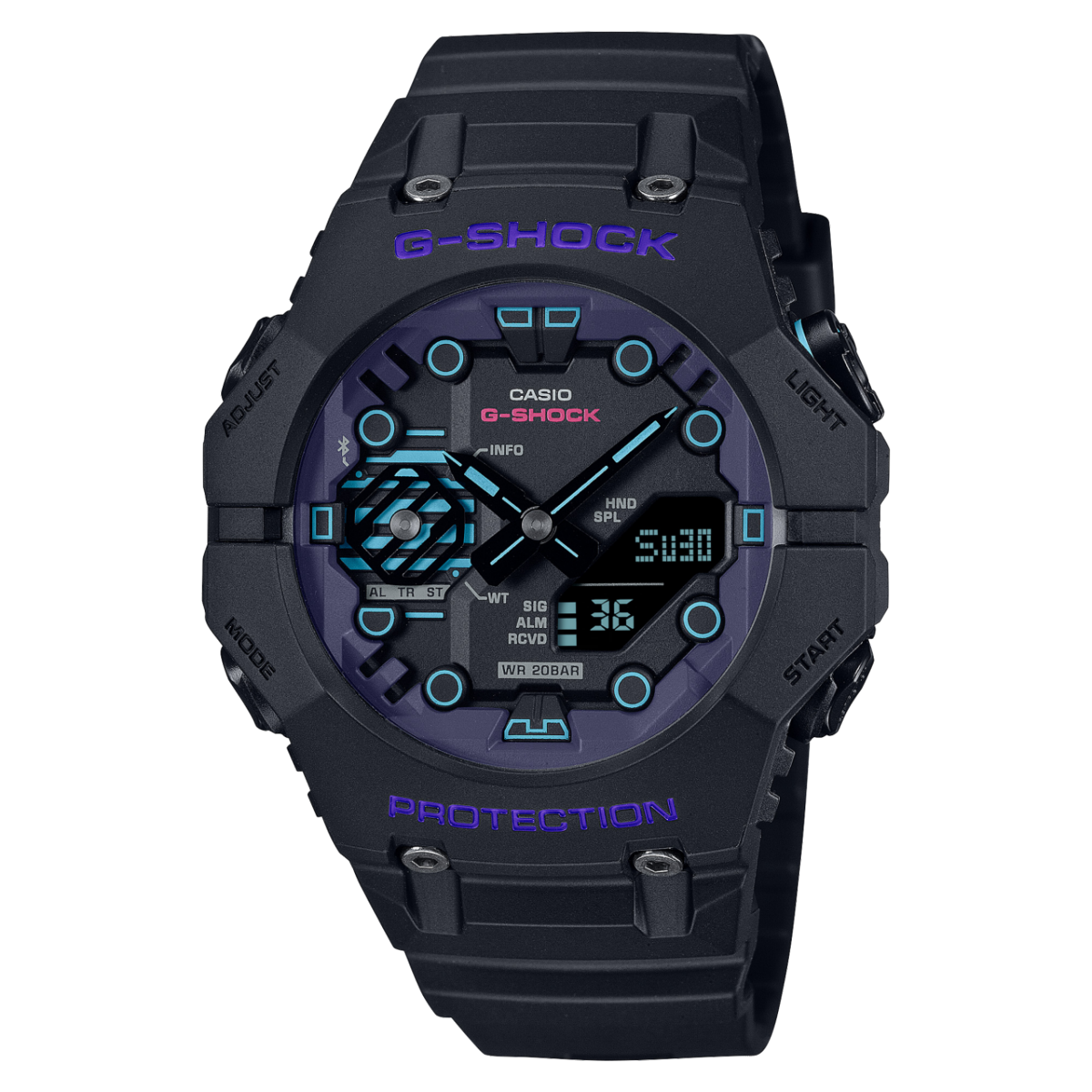 Imagem do produto G-SHOCK GA-B001CBR-1A com bracelete em resina preta e mostrador analógico com detalhes em turquesa e roxo.