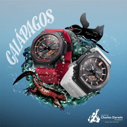 Os dois relógios de pulso analógicos da colaboração Charles Darwin: GA-B2100CD-1A4 com bracelete vermelha, GA-B2100CD-1A7 com bracelete branca