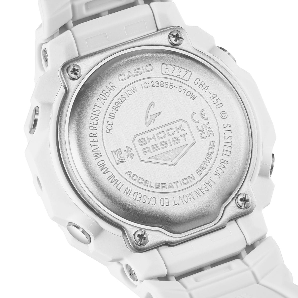 Na parte traseira prateada do relógio de pulso GBA-950-7A2ER está gravado «SHOCK RESIST»