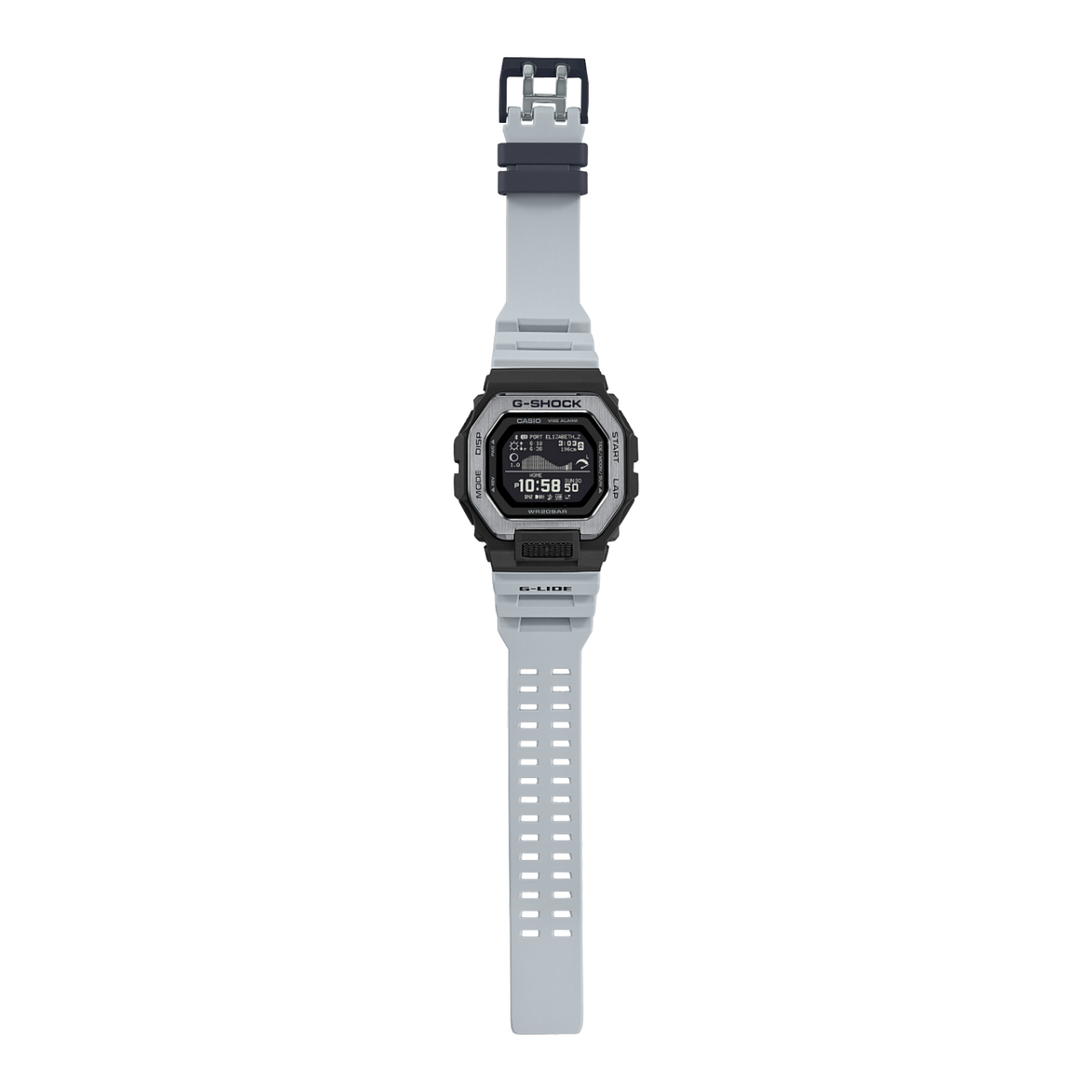 G-SHOCK GBX-100TT-8 de face plana com bracelete cinzenta e caixa preta e prateada