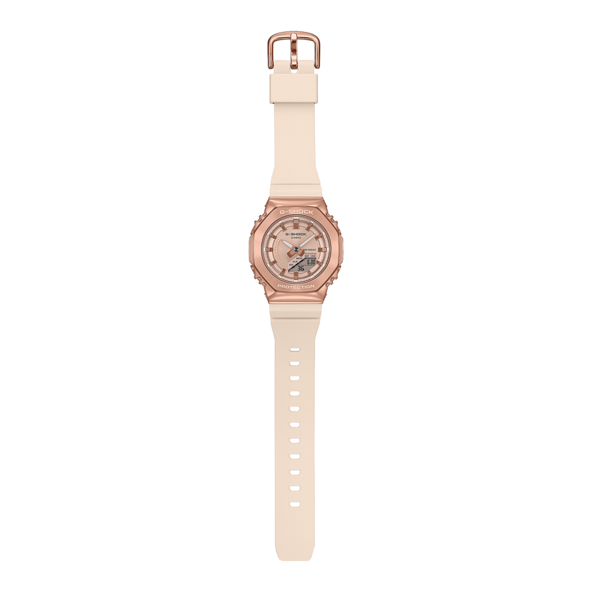 Vista completa do relógio de senhora GM-S2100PG-4A com bracelete em resina cor-de-rosa e luneta em aço inoxidável banhado a ouro rosa