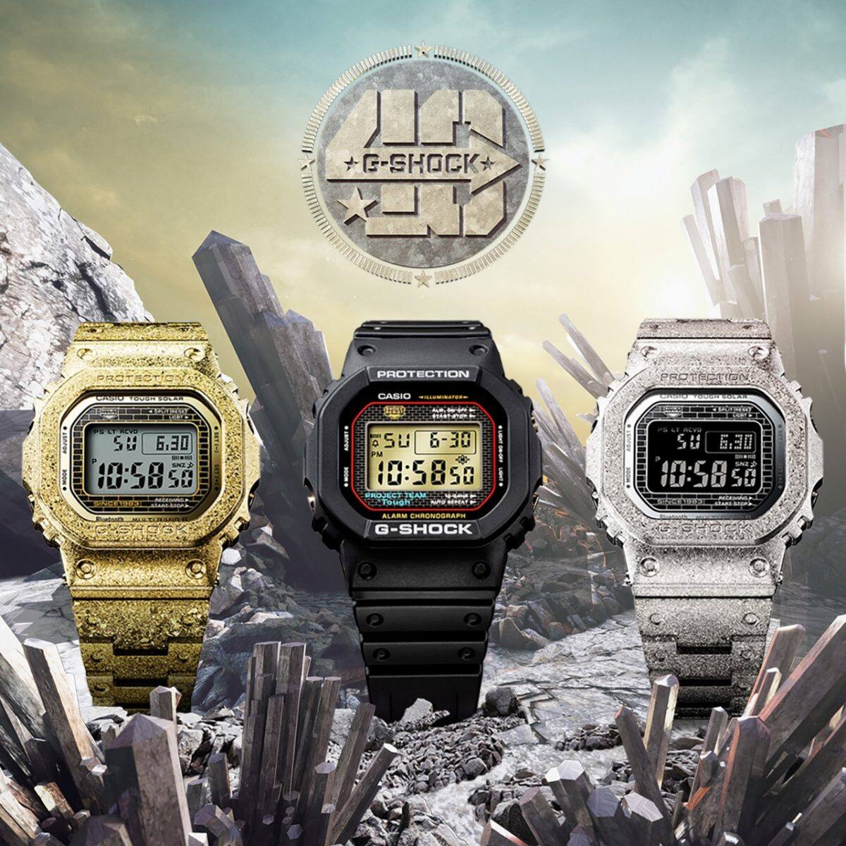 40.º aniversário do G-SHOCK RECRYSTALLIZED. A partir do lado esquerdo: GMW-B5000PG-9, DW-5040PG-1, GMW-B5000PS-1