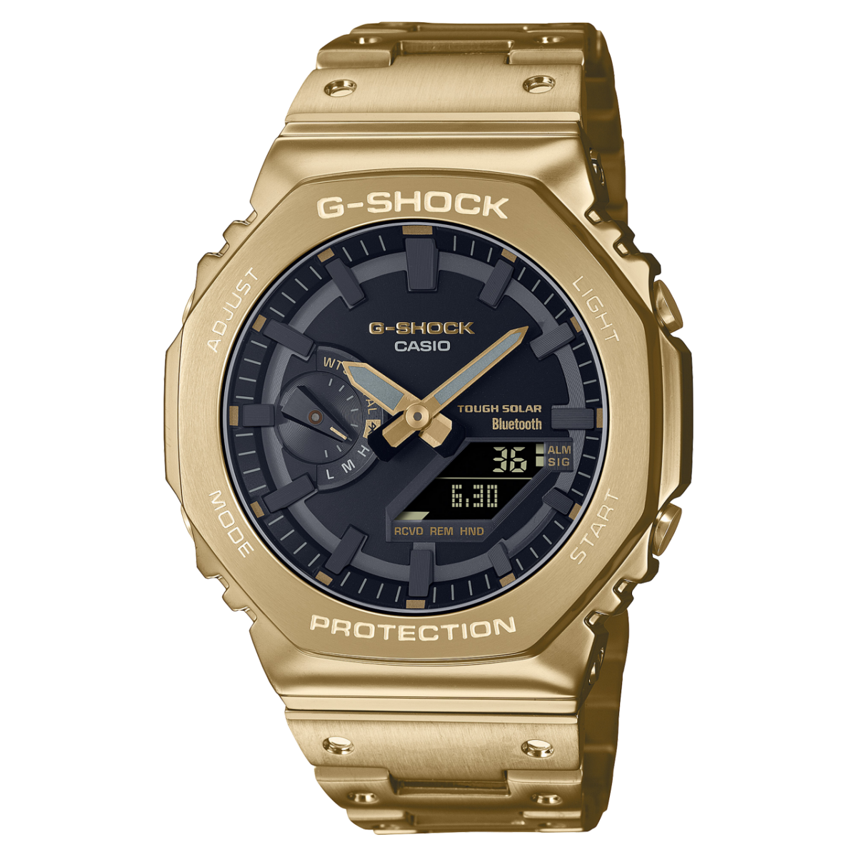 O relógio de pulso G-SHOCK GM-B2100GD-9A dourado, todo em metal, com indicação analógica da hora e pequena indicação digital da data 