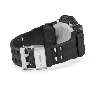 Vista traseira do GWG-B1000-1A com pulseira fechada e fecho prateado e suporte de pulseira