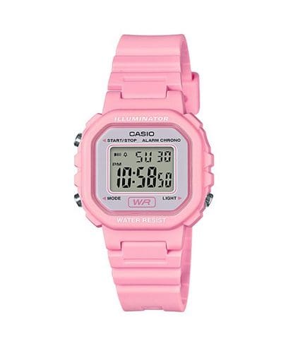 Relógio de pulso digital cor-de-rosa da coleção CASIO Timeless com caixa quadrada e mostrador roxo