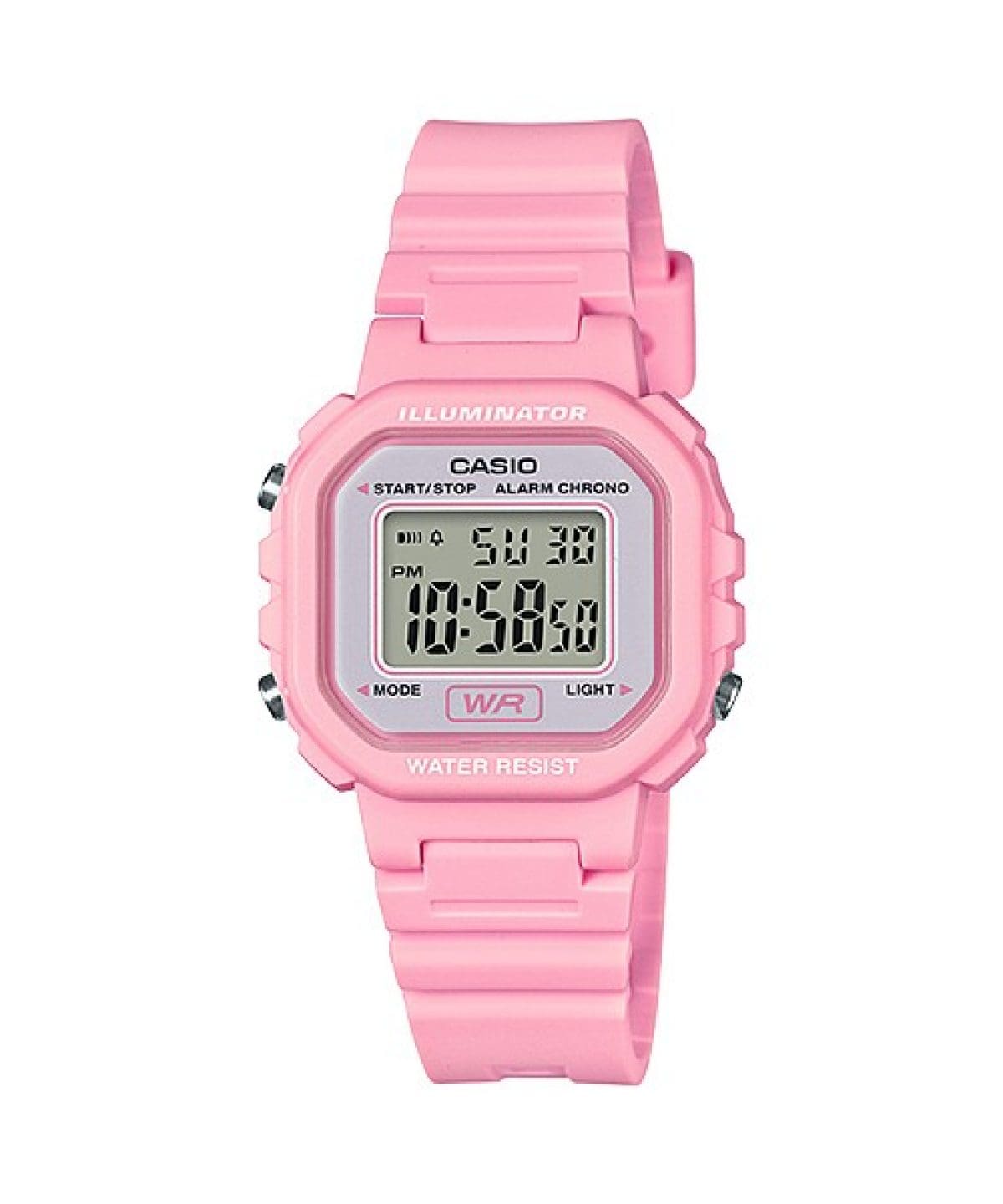 Relógio de pulso digital cor-de-rosa da coleção CASIO Timeless com caixa quadrada e mostrador roxo