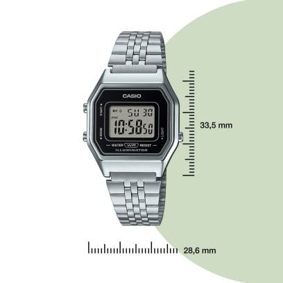 Imagem de produto do relógio CASIO VINTAGE LA680WEA-1 prateado com detalhes de tamanho. A caixa tem 33,5 mm de altura e 28,6 mm de largura.