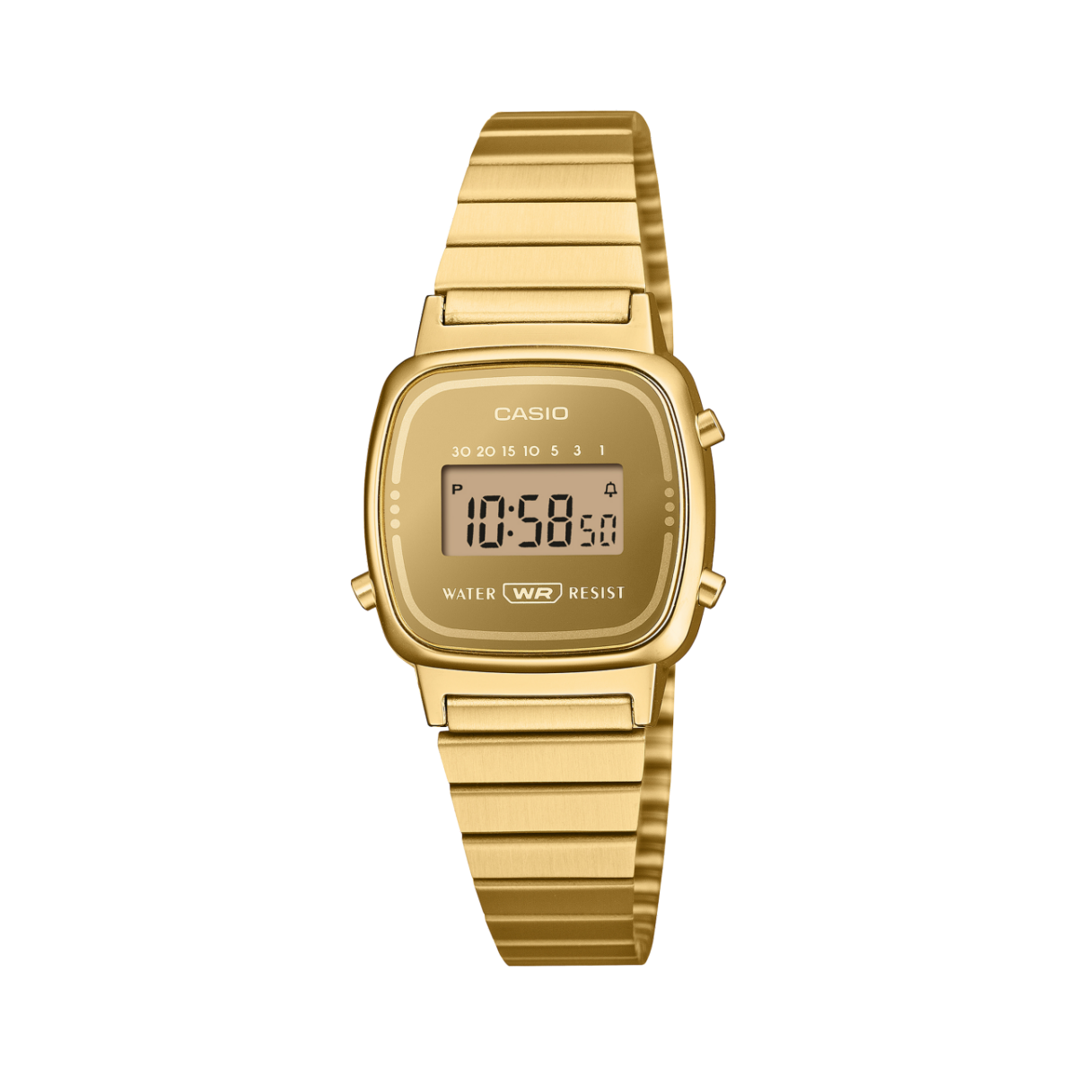 Vista frontal do relógio de pulso CASIO Vintage Collection LA670WEGS-9AEF em ouro.