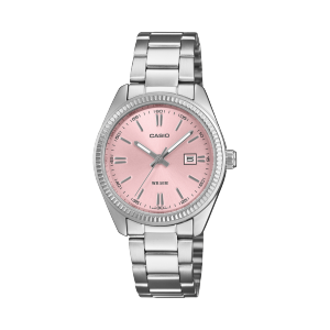 Vista frontal do relógio de pulso prateado LTP-1302PD-4AVEF com mostrador rosa e indicador de data na posição das 3 horas.