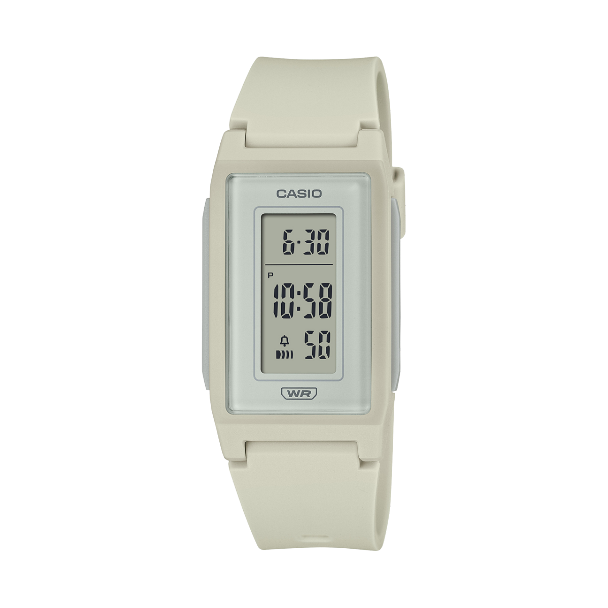 O relógio digital de senhora LF-10WH-8 com um design monocromático fino e plano e bracelete em plástico branco