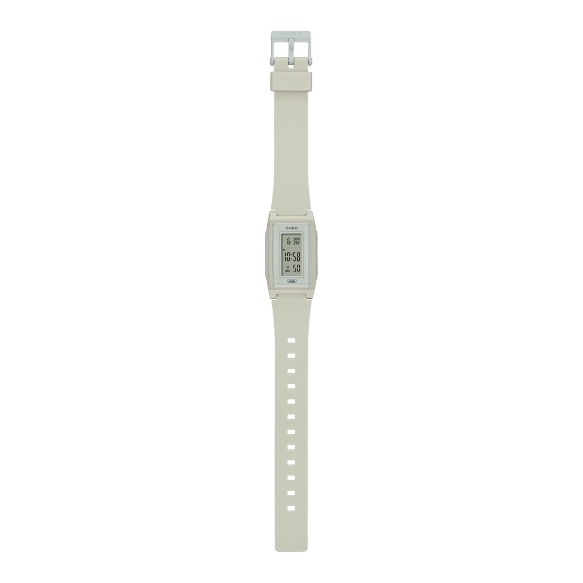 Vista completa do relógio digital LF-10WH-8 com bracelete em plástico branco e visor transparente