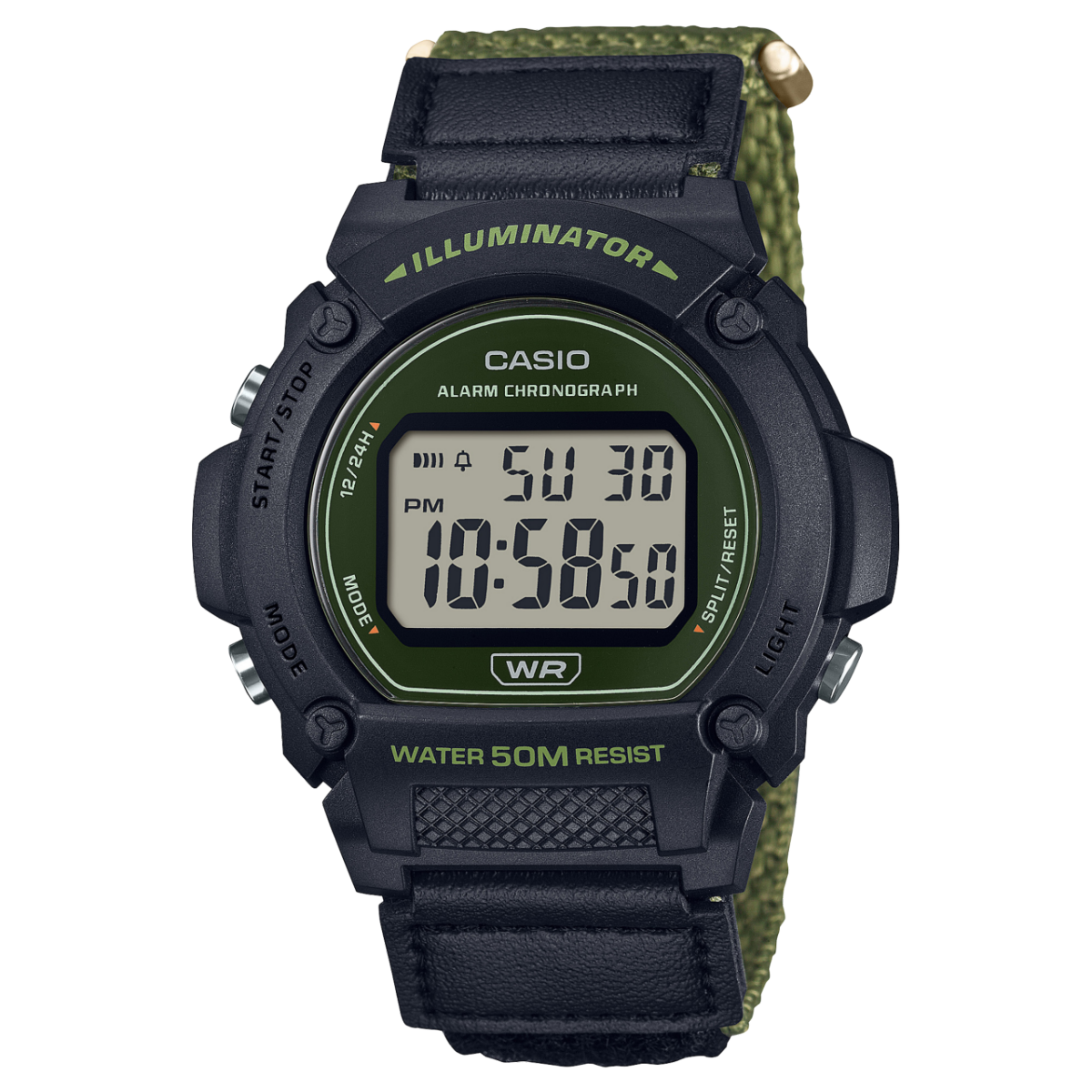 O relógio digital CASIO W-219HB-3AV com um visual exterior em preto e cor de azeitona