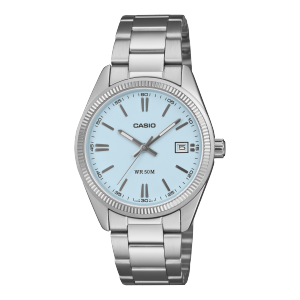 Vista frontal do relógio de pulso CASIO TIMELESS COLLECTION UTP-1302PD-2A2VEF prateado com mostrador azul claro.