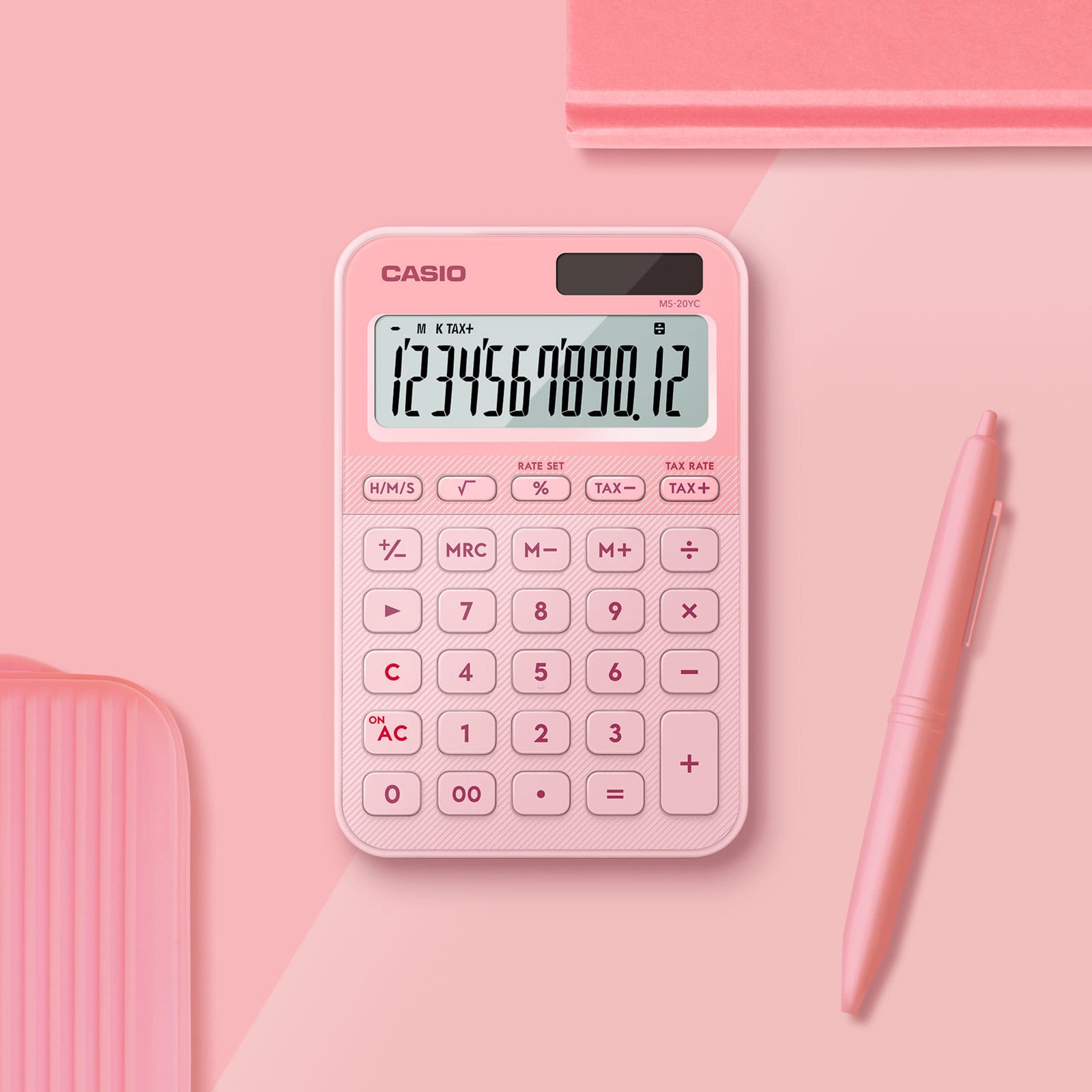 Casio MS-20YC-LP Light Pink Calculator on a Desk