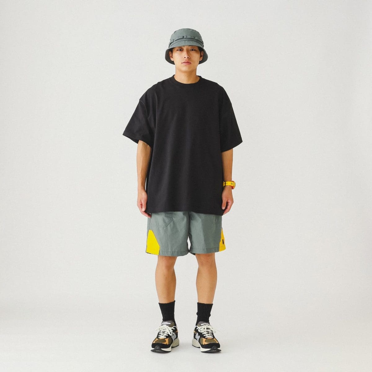 LIFESTYLE 6 POCKET NYLON BAGGY SHORTS GREY×YELLOW M  #10