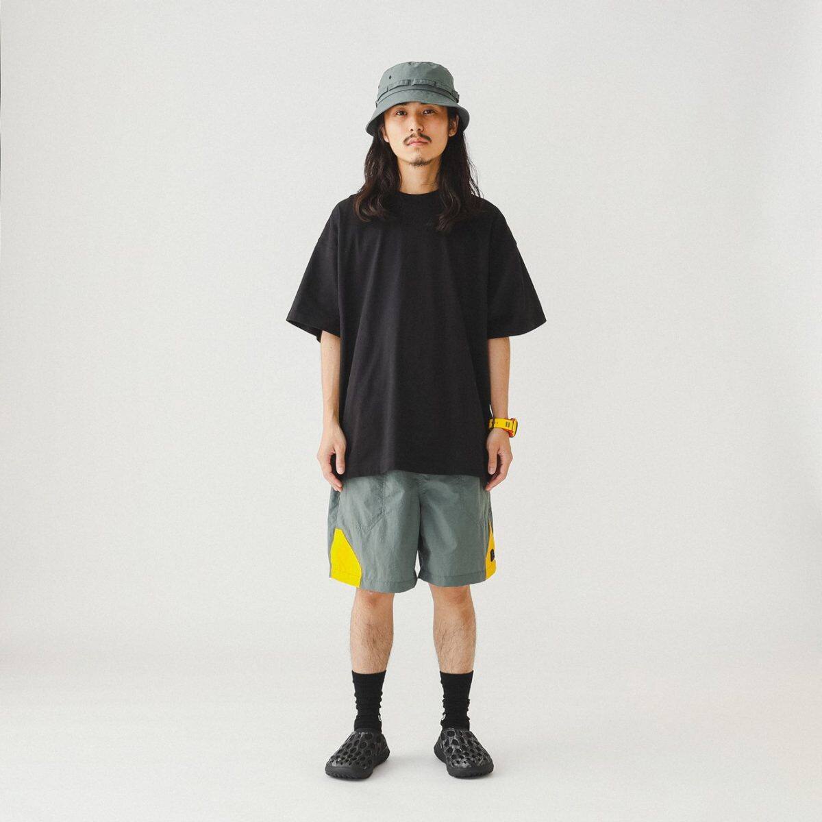 LIFESTYLE 6 POCKET NYLON BAGGY SHORTS GREY×YELLOW M  #9
