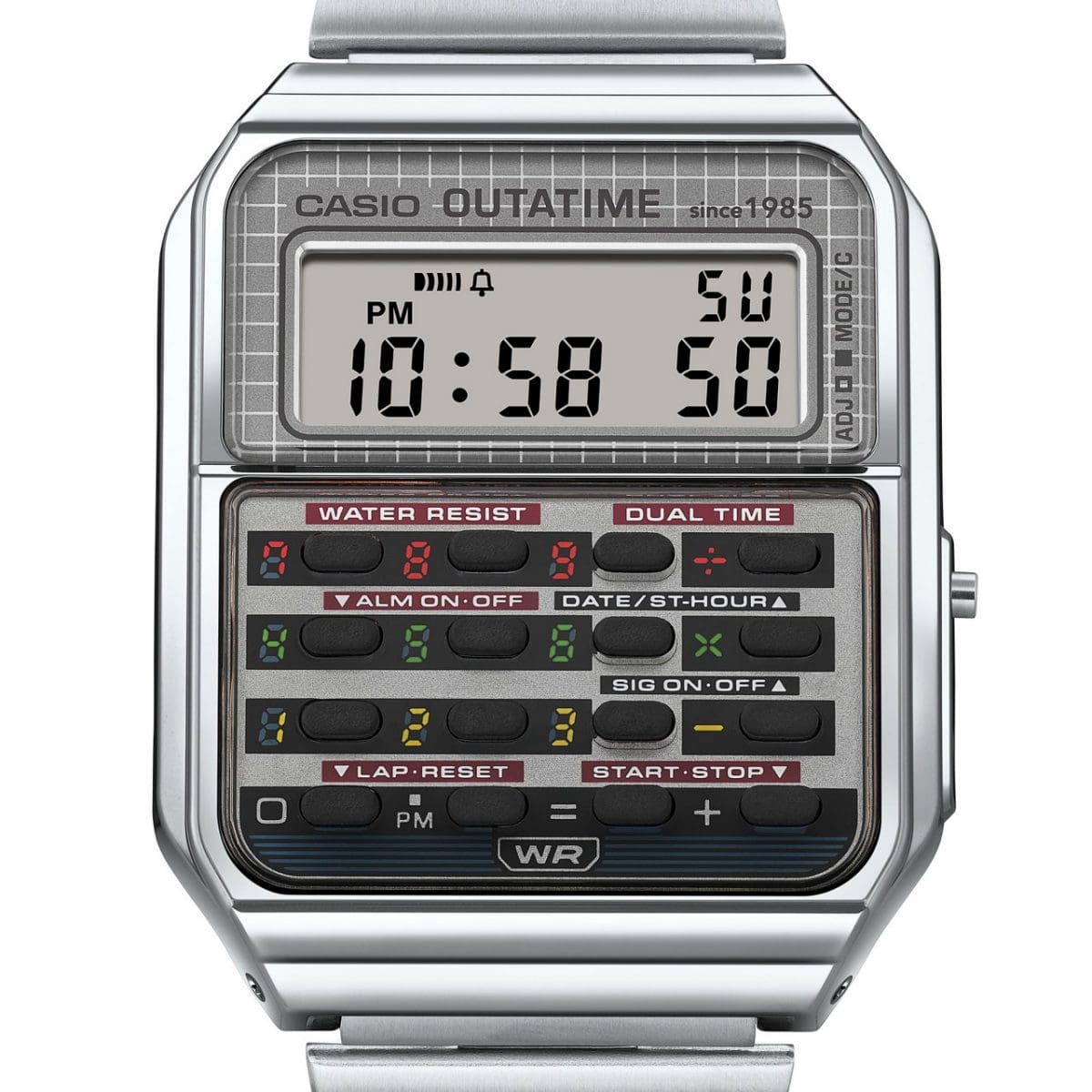 CA-500WEBF-1A Face design Incorporates design motifs from the film’s iconic DeLorean. The different colors adorning the buttons evoke the time circuits used to set the time machine’s destination date and time.  #4