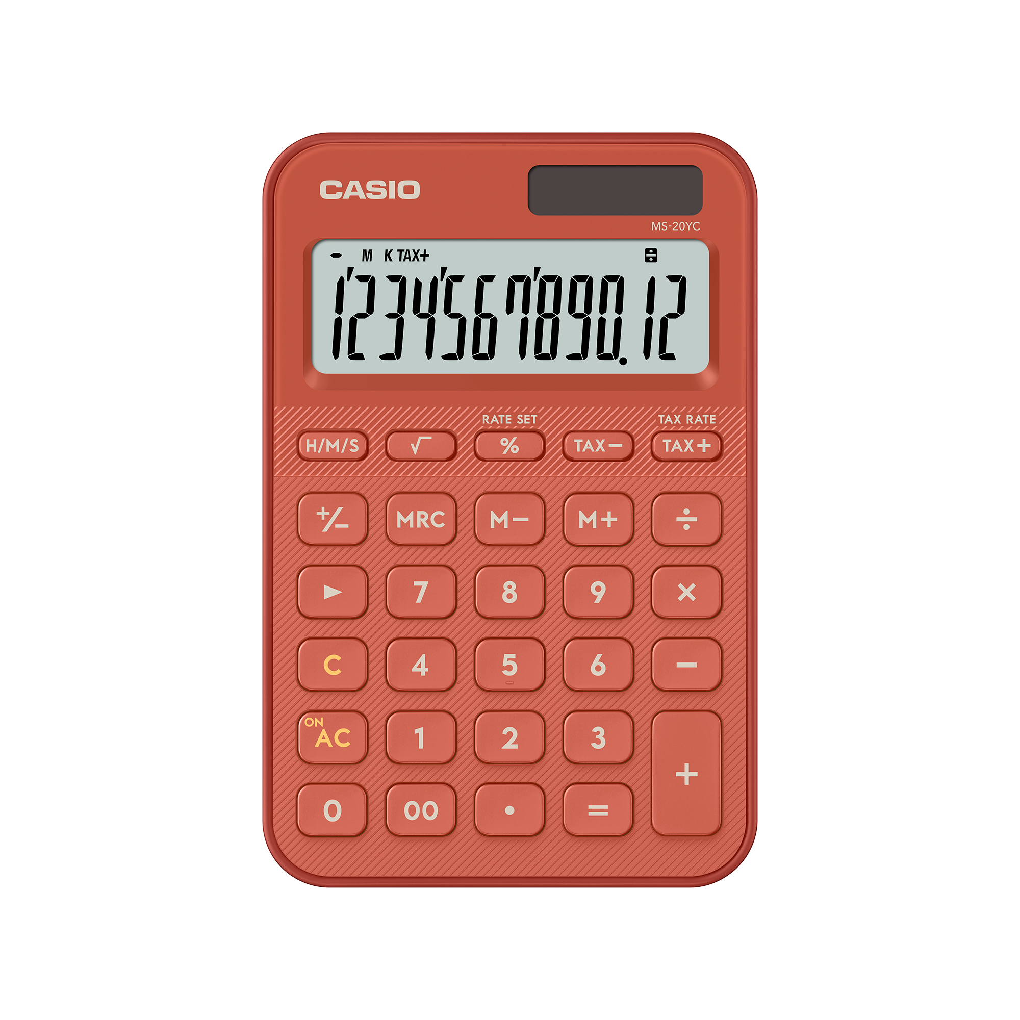 Casio MS-20YC-RD 12-Digit Desk Calculator Brick Red Front View