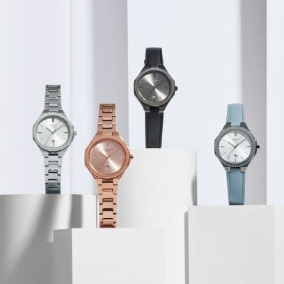 From left: SHE-4563D-7A, SHE-4563PG-4A, SHE-4563BL-8A, SHE-4563GYL-7A