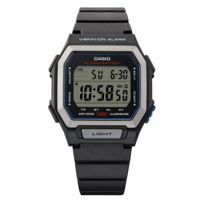 W-738H-1AV การเตือนแบบสั่นในตัวเรือนทรงสี่เหลี่ยมที่กันน้ำได้ 10 บาร์และมีอายุการใช้งานแบตเตอรี่ 10 ปี