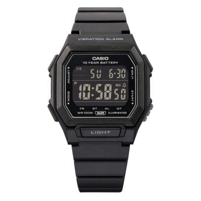 W-738H-1BV การเตือนแบบสั่นในตัวเรือนทรงสี่เหลี่ยมที่กันน้ำได้ 10 บาร์และมีอายุการใช้งานแบตเตอรี่ 10 ปี