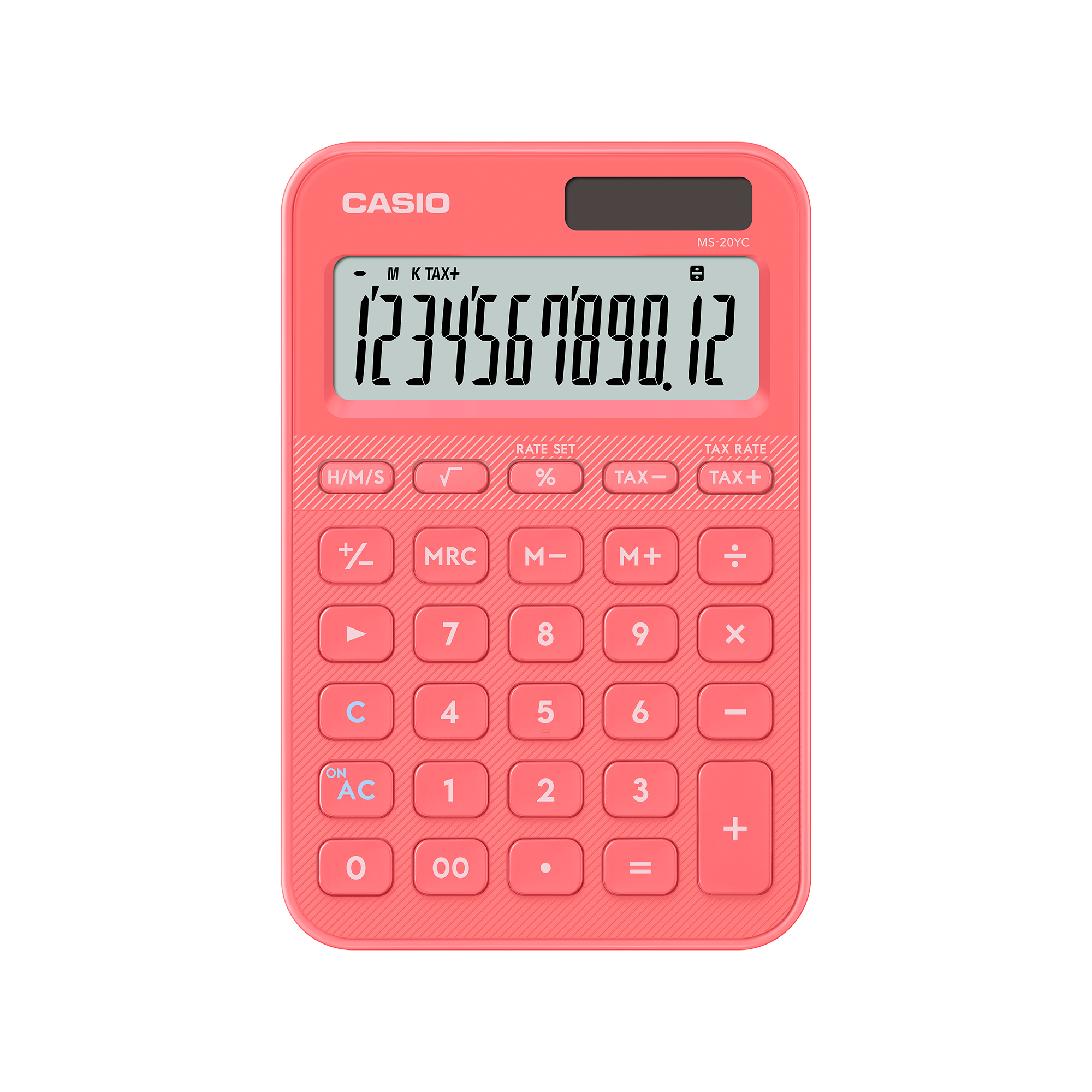 Casio MS-20YC-CL 12-Digit Mini Desk Calculator Coral Front View