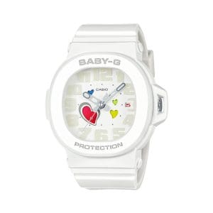 Front view of the white BGA-10-7AER with colorful hearts on the dial