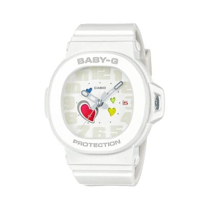 Front view of the white BGA-10-7AER with colorful hearts on the dial