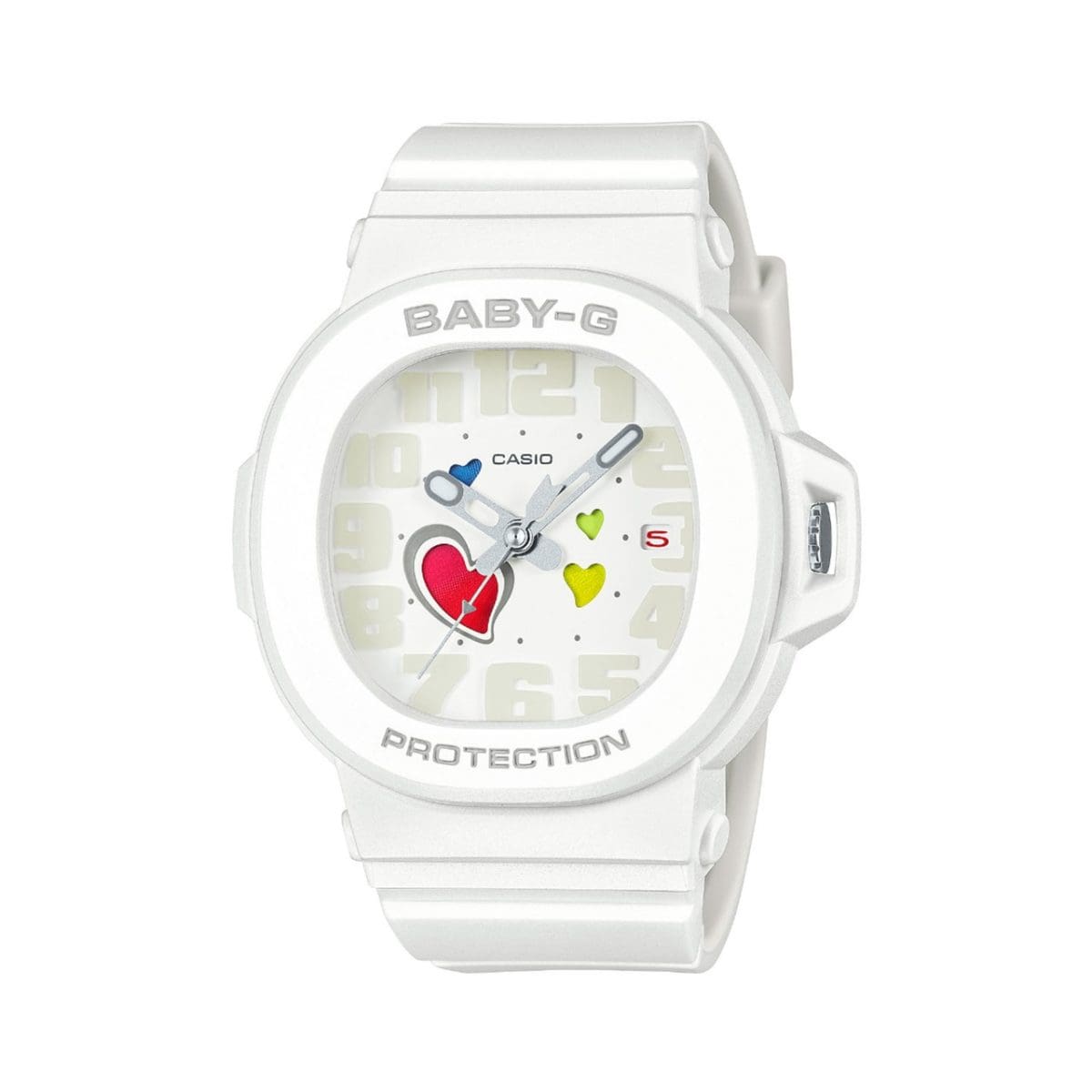 Front view of the white BGA-10-7AER with colorful hearts on the dial