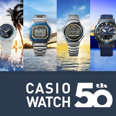 CASIO WATCH 50TH ANNIVERSARY From left: BGA-S290SS-2A, GMW-B5000SS-2, TRN-50SS-2A, PRW-61SS-2, ECB-2000SS-2A