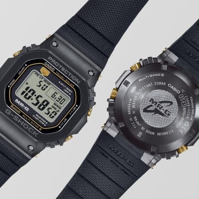 MRG-B5000R-1 The band features textured patterns inheriting design motifs maintained since the very first G-SHOCK, with “SHOCK RESIST” symbols on the top surface and a brick pattern on the underside.