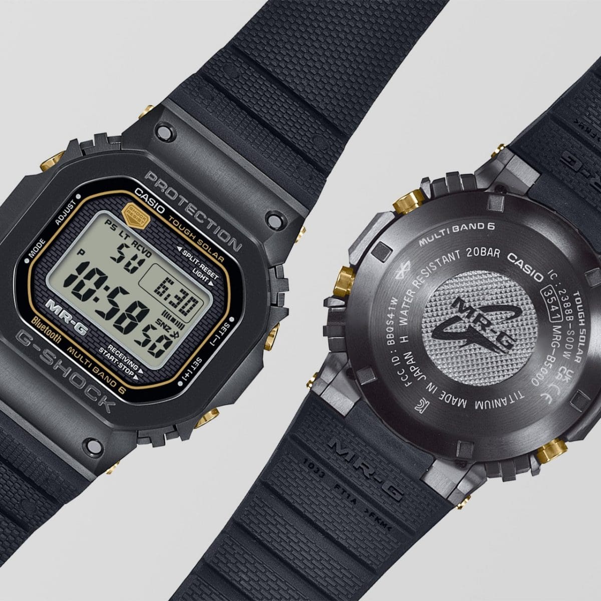 MRG-B5000R-1 The band features textured patterns inheriting design motifs maintained since the very first G-SHOCK, with “SHOCK RESIST” symbols on the top surface and a brick pattern on the underside.