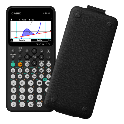 The front of an fx-CG100 showing two graphed functions behind the plastic cover #2