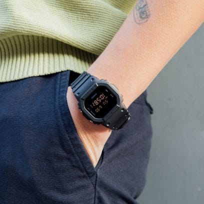 G-SHOCK Black Digital DW-5600BB-1 Watch on wrist in pocket denoting style