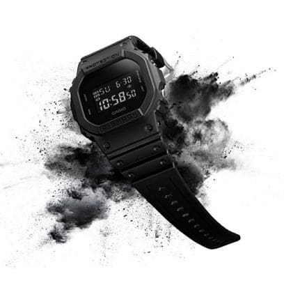 G-SHOCK black digital DW-5600BB-1 square watch in a black cloud denoting style