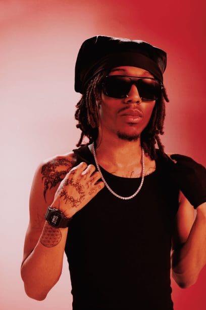 Red background with man wearing a DW-5600UBB-1 in an expressive pose