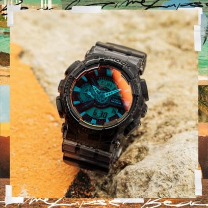 Gray G-SHOCK GA110TLS-8A watch on sand and rock denoting style