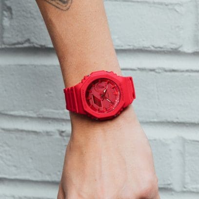 G-SHOCK Red Analog Digital GA-2100-4A Watch on wrist denoting style
