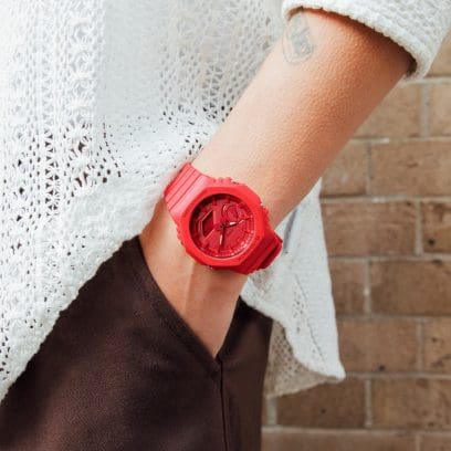 G-SHOCK Red Analog Digital GA-2100-4A Watch on wrist denoting style