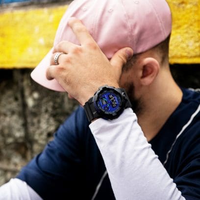 G-SHOCK Black Analog Digital GA700-1B Watch with Blue Dial on wrist denoting style